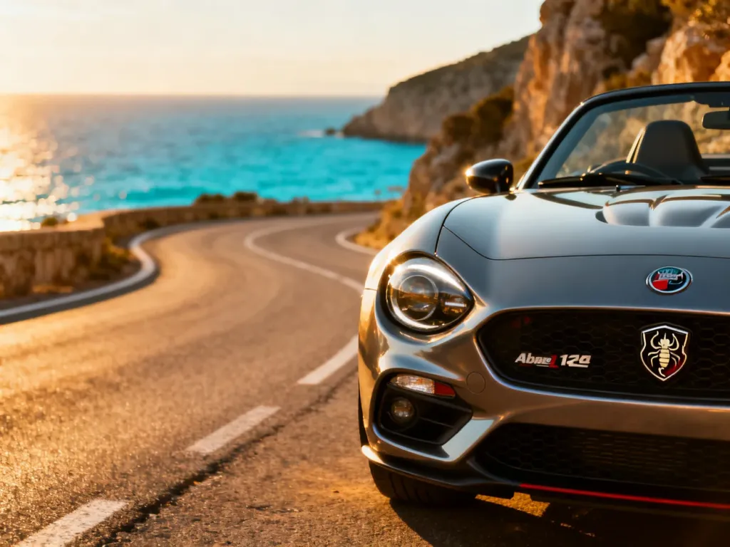 Abarth 124 spider zaparkowany na krętej nadmorskiej drodze w świetle zachodzącego słońca. Widok na sportowy przód auta.