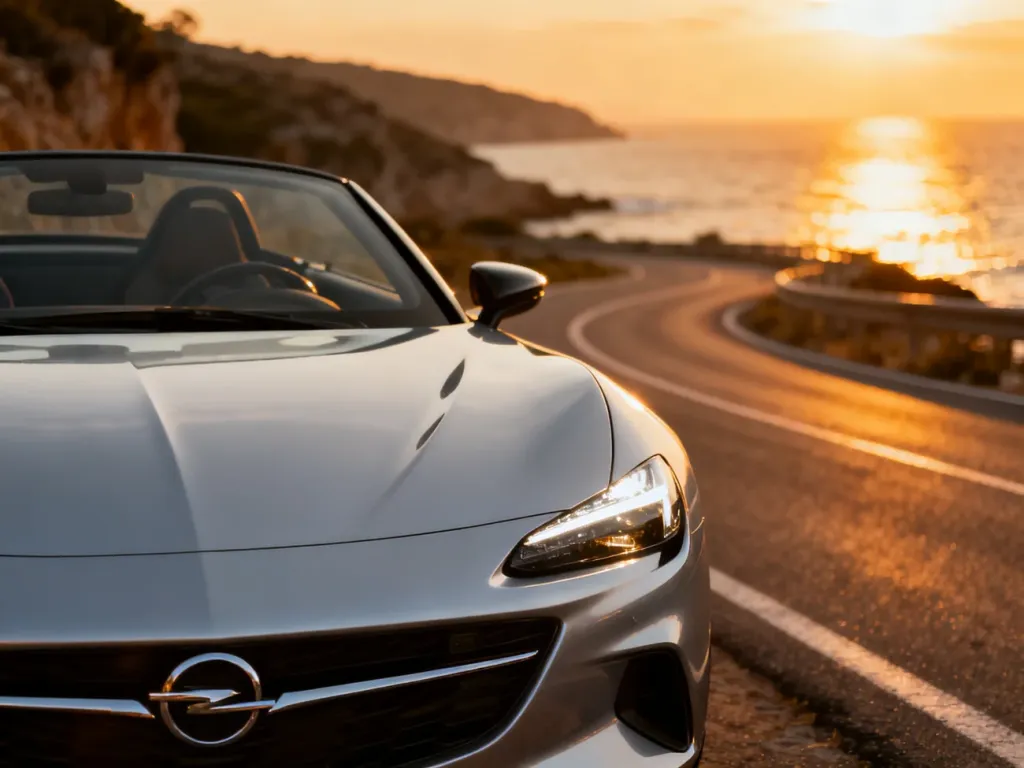 Srebrny Opel Speedster zaparkowany na krętej nadmorskiej drodze w blasku zachodzącego słońca.