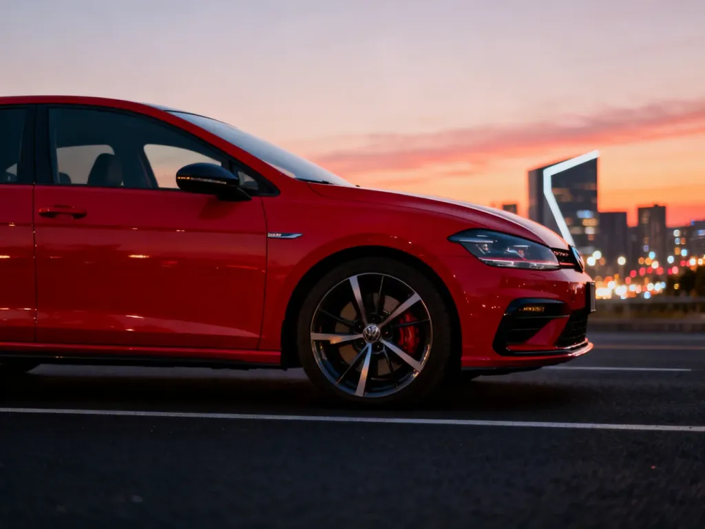 Czerwona Skoda Fabia Monte Carlo zaparkowana na miejskiej ulicy o zachodzie słońca, podkreślająca sportowy design auta.