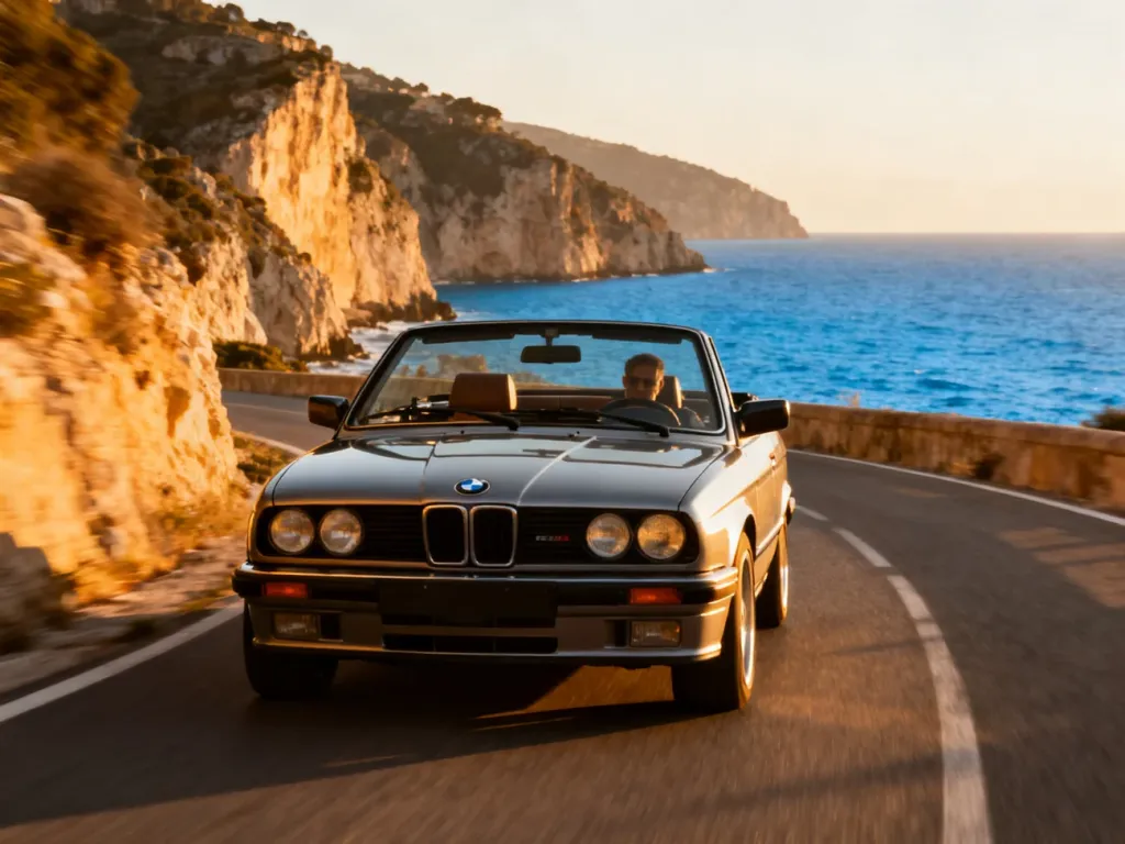 Klasyczne BMW E30 cabrio z otwartym dachem jadące malowniczą nadmorską drogą w blasku zachodzącego słońca.