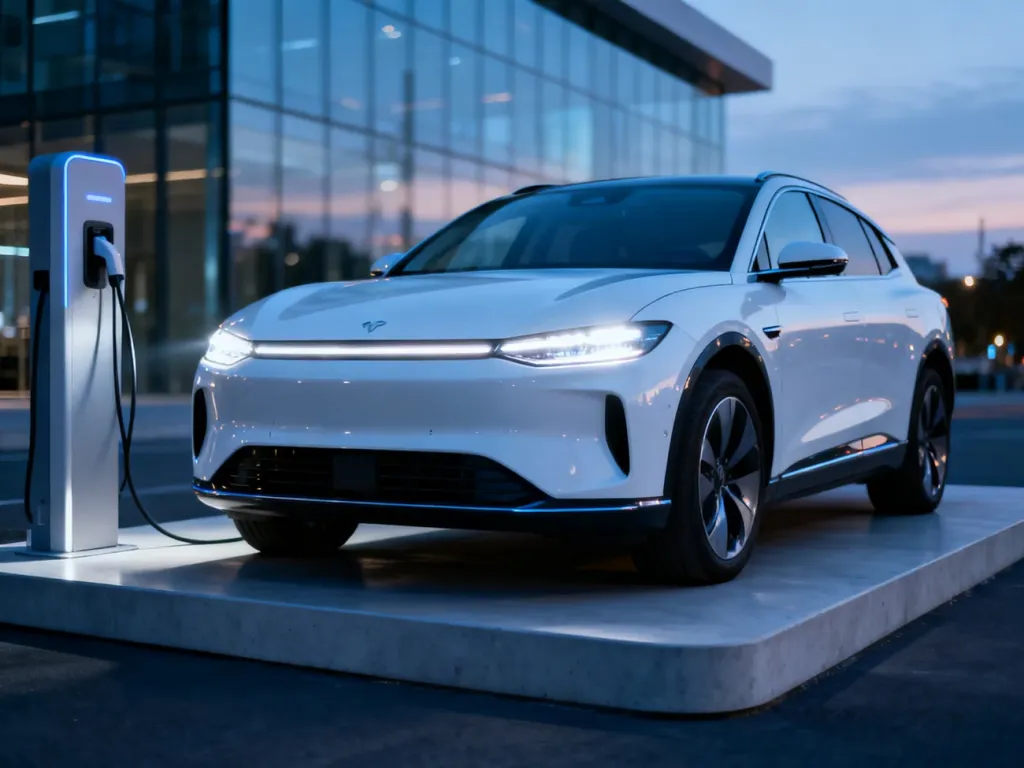 Biały elektryczny SUV BYD Tang zaparkowany przy stacji ładowania na tle nowoczesnej architektury o zmierzchu.