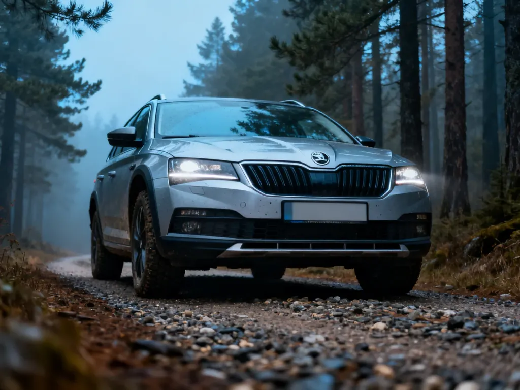 Srebrna Skoda Superb Scout zaparkowana na leśnej drodze w otoczeniu mgły, podkreślająca terenowy charakter modelu.