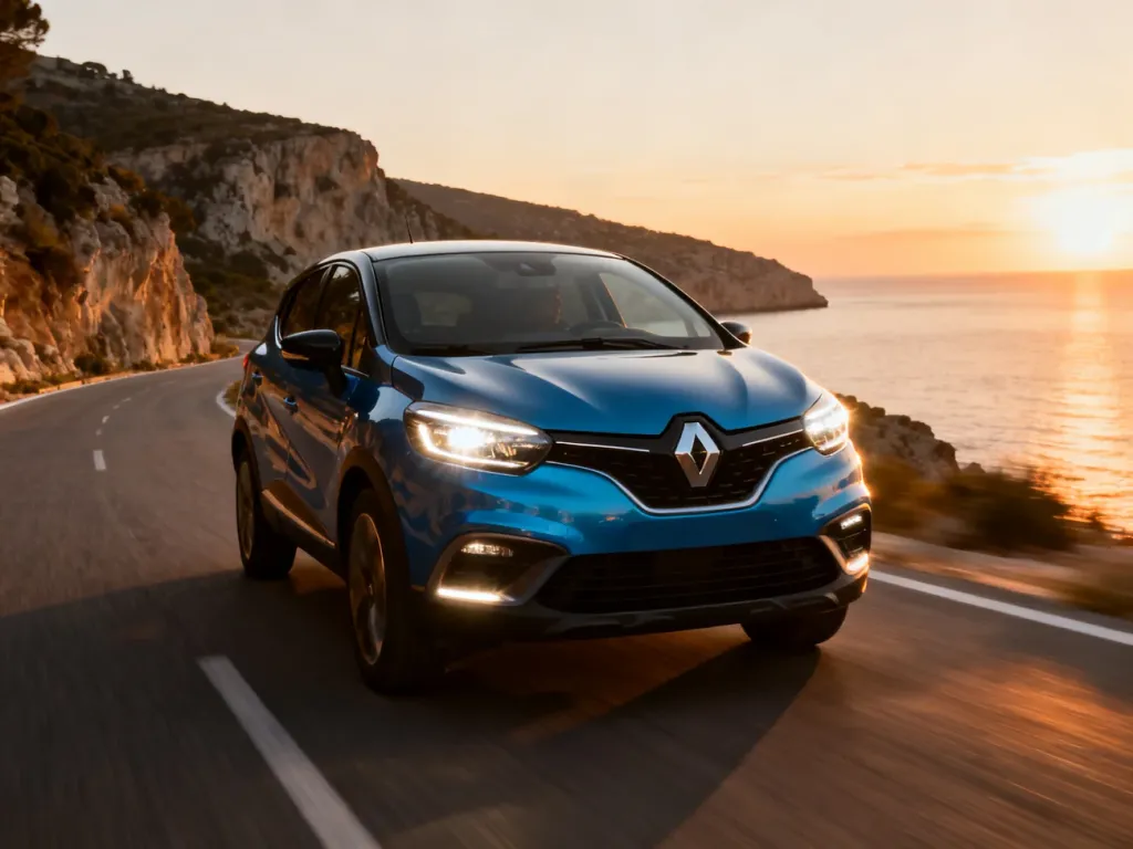 Nowy, niebieski Renault Captur jadący nadmorską drogą w blasku zachodzącego słońca.