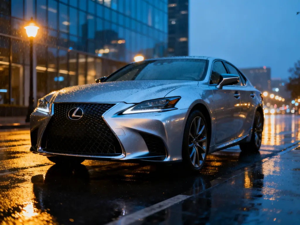 Lexus LS500 zaparkowany na oświetlonej miejskiej ulicy o zmierzchu, podkreślający nowoczesny design i luksusowy charakter.