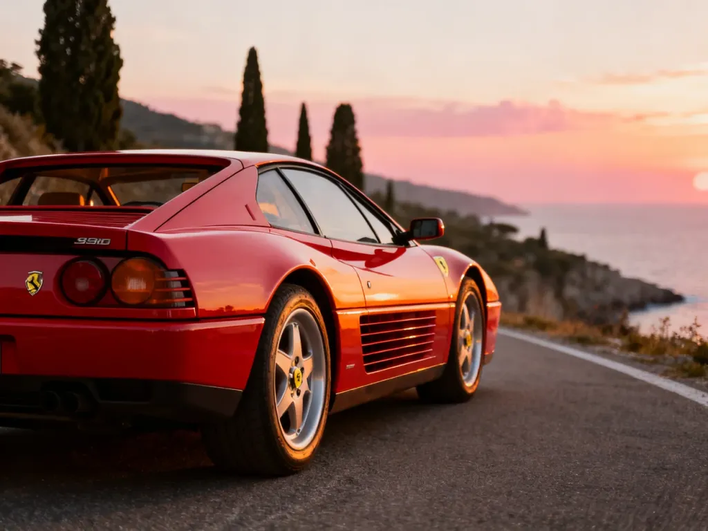 Czerwone Ferrari 348 zaparkowane na malowniczym włoskim wybrzeżu podczas zachodu słońca.