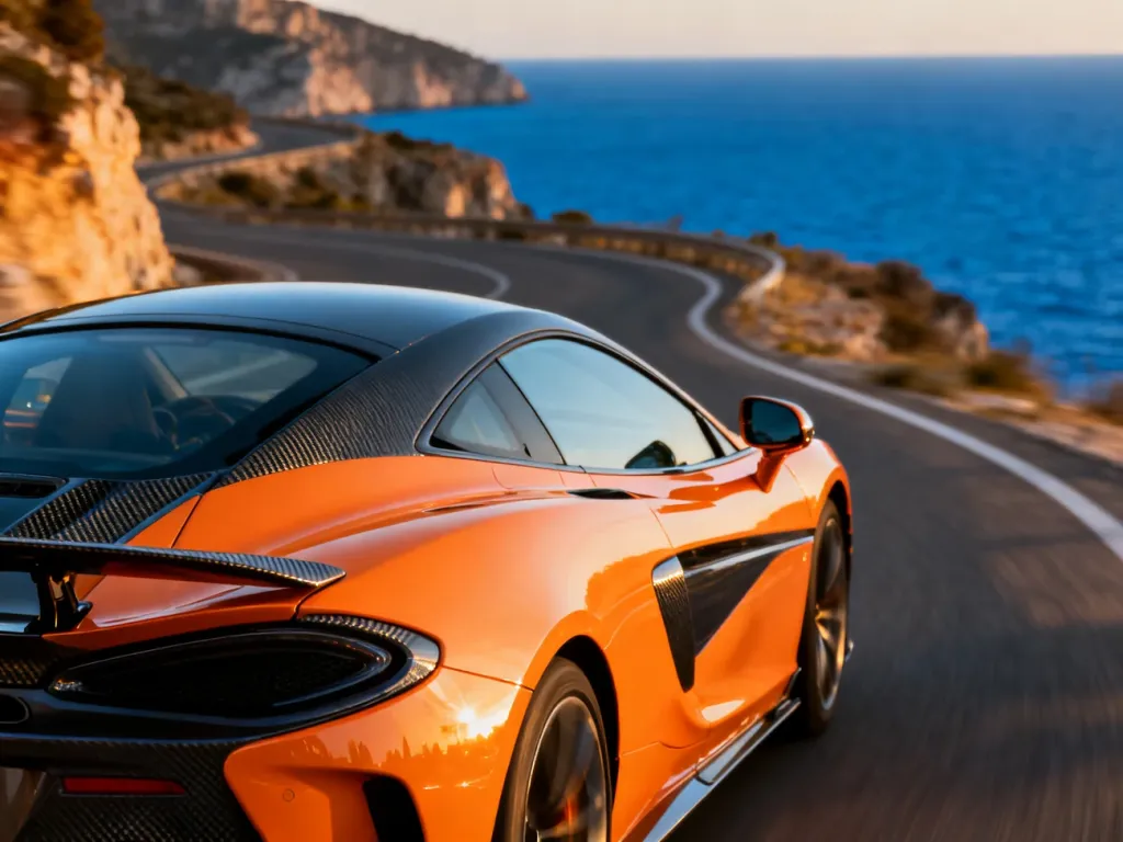 McLaren GT zaparkowany na krętej nadmorskiej drodze podczas zachodu słońca, podkreślający aerodynamiczną sylwetkę auta.