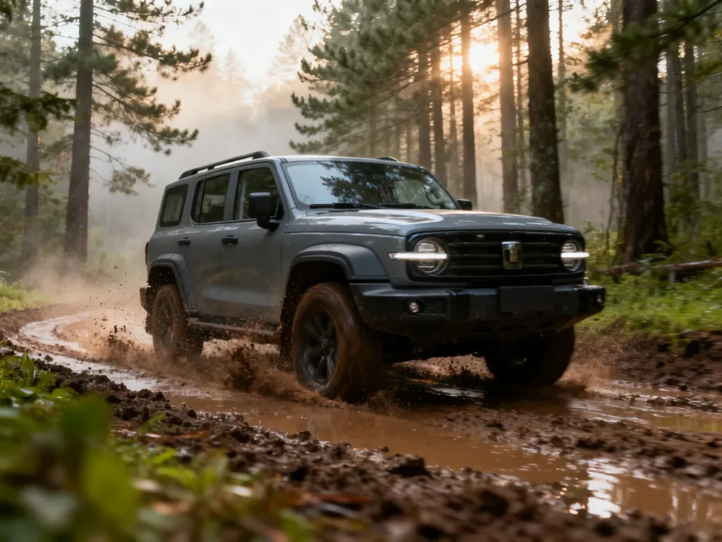 Szary SUV Dacia Duster jadący przez błotnistą leśną drogę w porannym świetle, podkreślający jego terenowe możliwości.