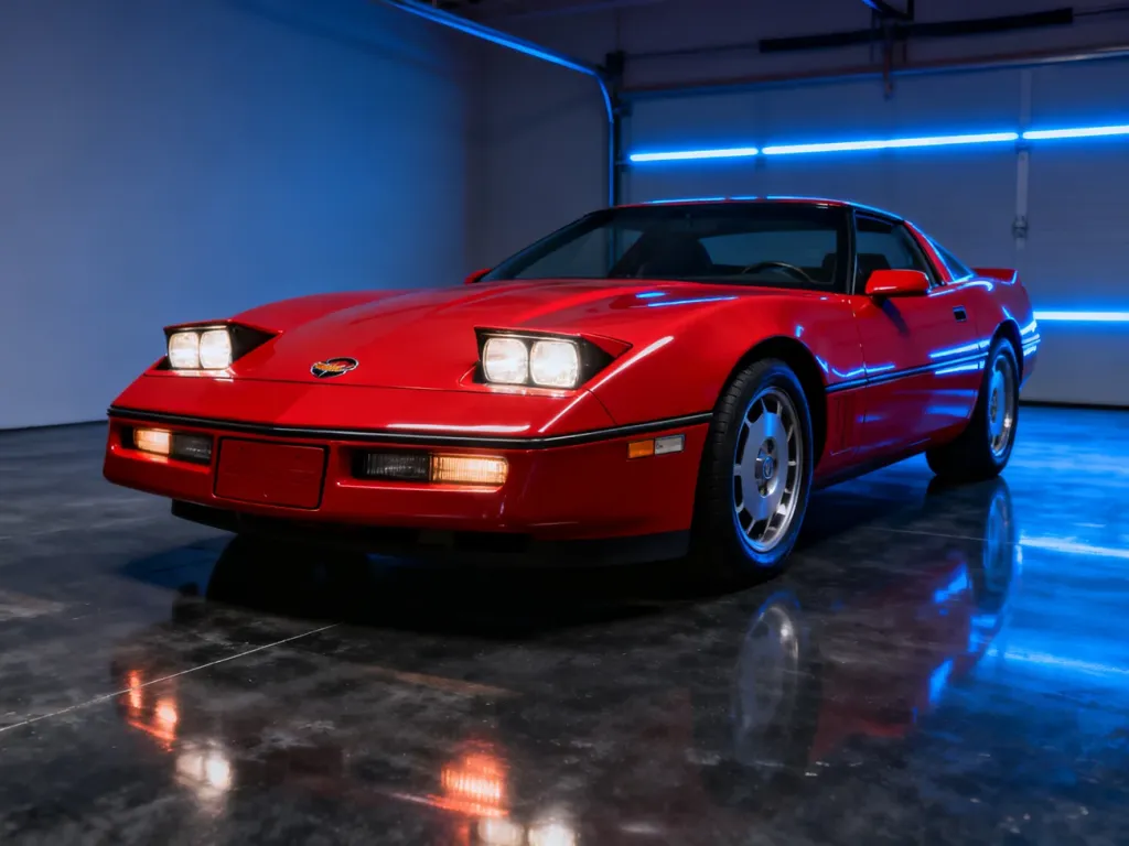 Czerwony Chevrolet Corvette C4 z charakterystycznymi otwieranymi reflektorami w nowoczesnym, studyjnym oświetleniu.