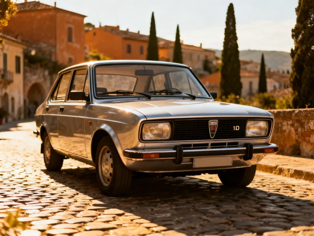 Srebrny Fiat 131 zaparkowany na słonecznej włoskiej uliczce z historyczną zabudową w tle.