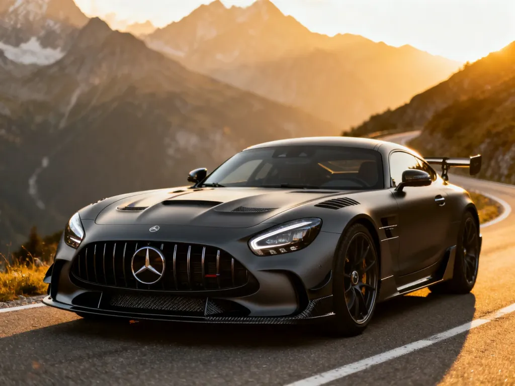 Matowy Mercedes AMG GT Black Series zaparkowany na górskiej drodze w świetle zachodzącego słońca.