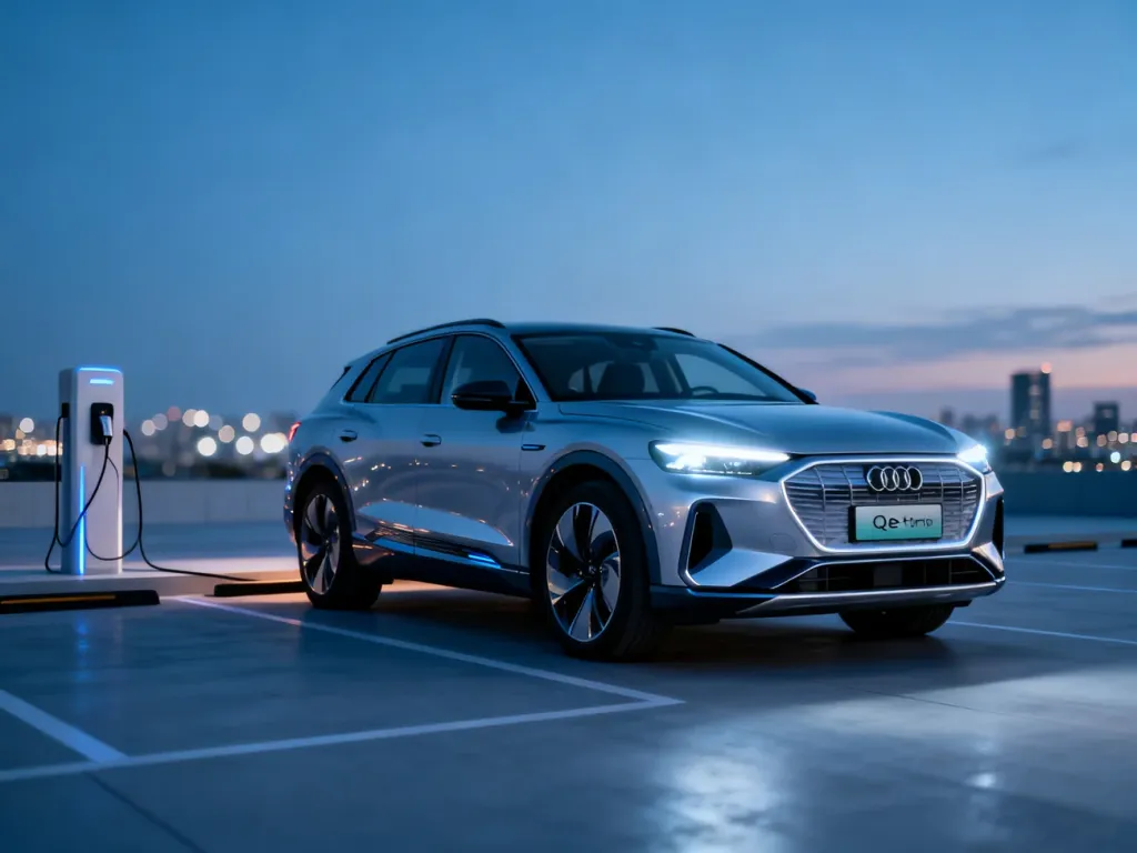 Nowoczesny Audi Q6 e-tron zaparkowany na futurystycznej stacji ładowania o zmierzchu.